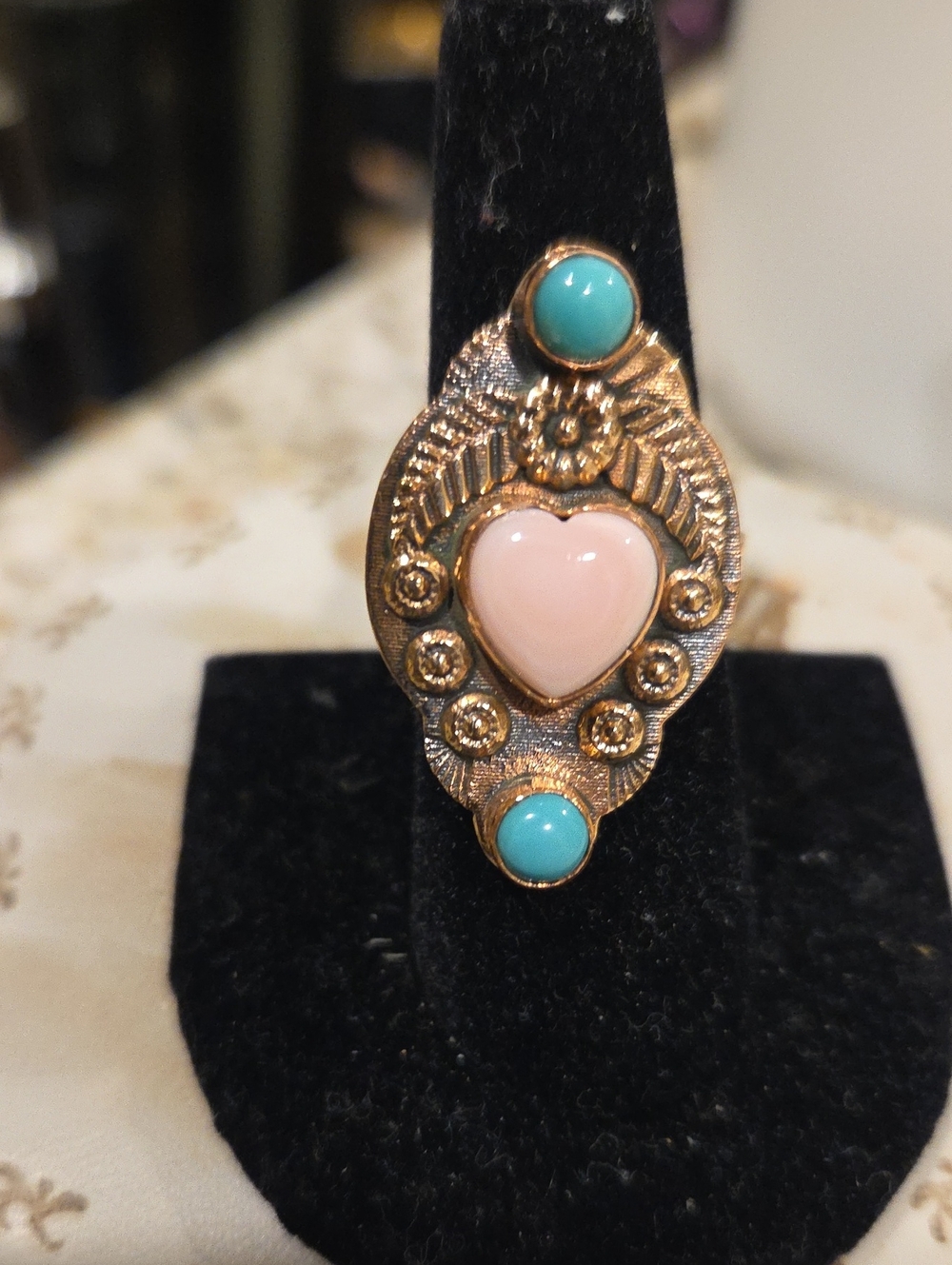 Copper Metal Pink Conch and Turquoise  Statement Adjustable  Ring